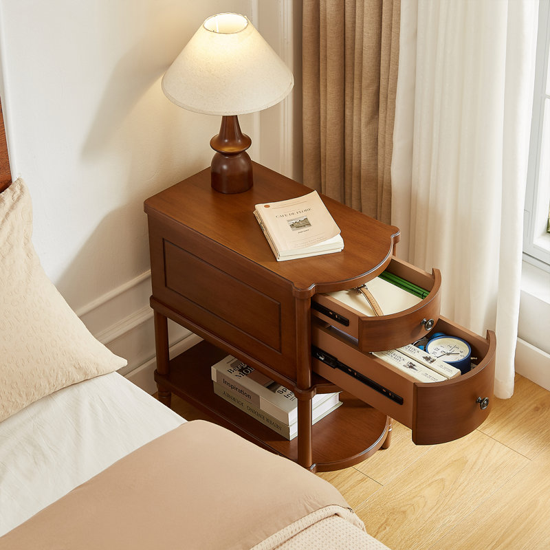 Side Table With Charging Station, 2 Drawers & Open Shelf, Easy Assembly Narrow End Table For Living Room, Walnut