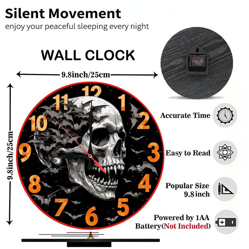 Crâne, horloge, chauves-souris, vol