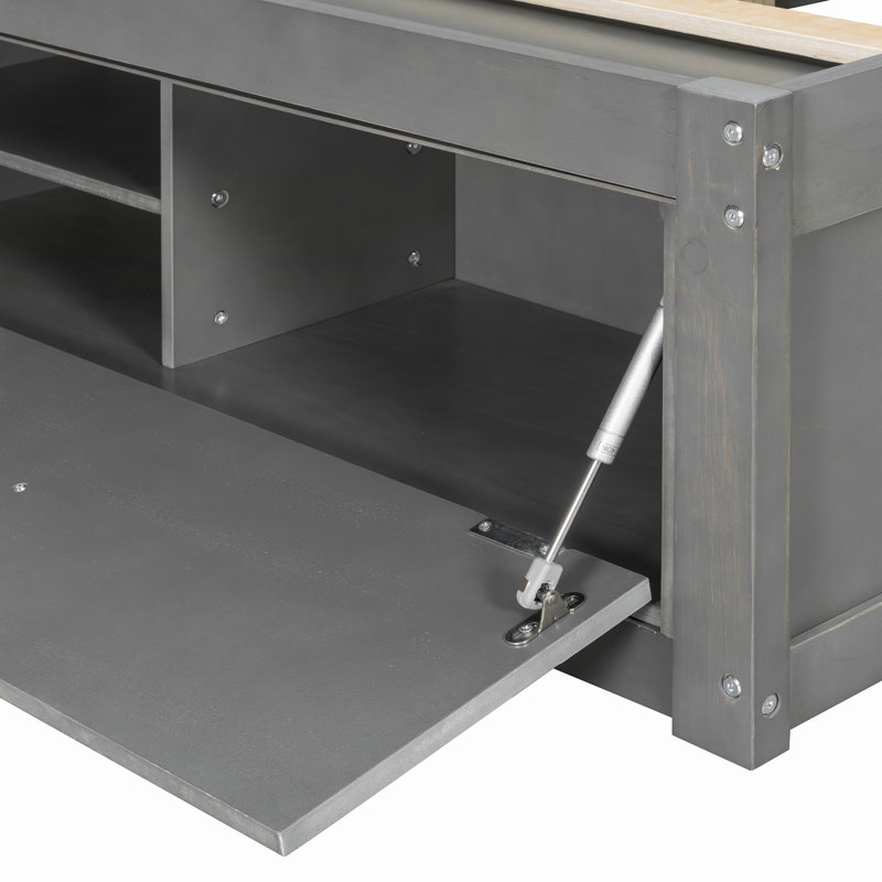 Grand lit plateforme avec 4 tiroirs de rangement et pied de lit à levage hydraulique, Gris