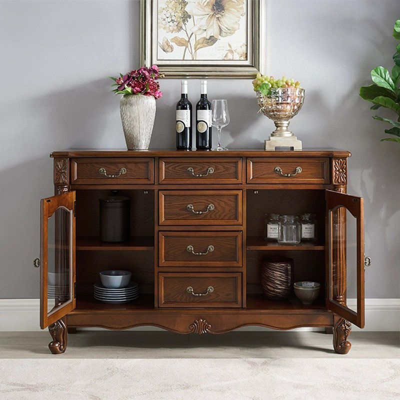 Buffet merisier massif + bois manufacturé + verre, Cerise profonde, H 33,86 po x l 51,58 po x P 15,35 po