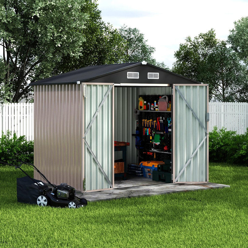 6x8 FT Metal Storage Shed Outdoor with Lockable Door & Air Vent, Garden Tool Shed for Backyard Patio Lawn, Brown