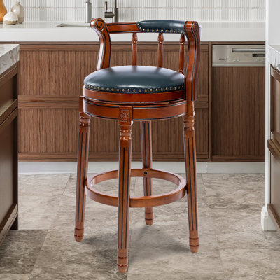 Swivel Bar Stool with Top-Grain Leather Seat, Hollow Back Design, Solid Wood Frame & Footrest for Kitchen, Dining, or Living Room