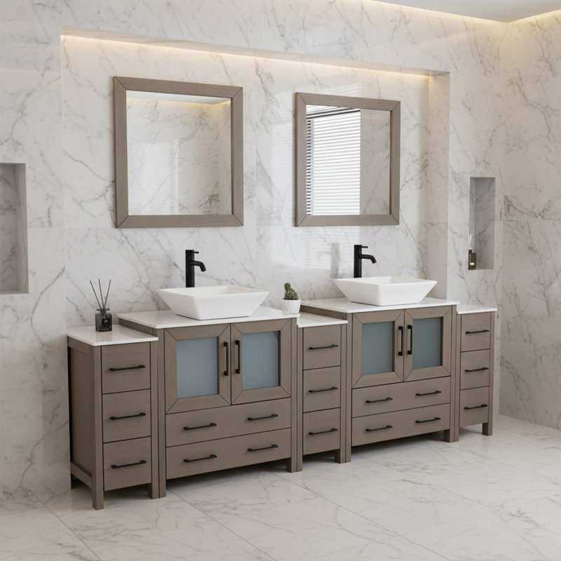 Ensemble de meuble-lavabo autoportant à double cuve 96 "avec plateau en marbre et miroirs assortis Ravenna, Dark Grey