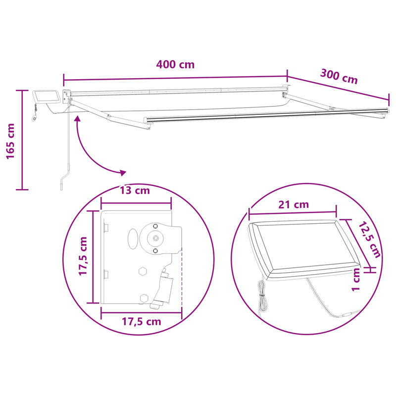 VidaXL Polyester Cover Retractable Patio Awning, 165" H x 400" W x 300" D, Solid Color, Sand/Black