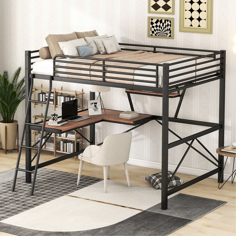 Lit mezzanine double en métal et panneau de fibres à densité moyenne avec bureau et tablette, noir
