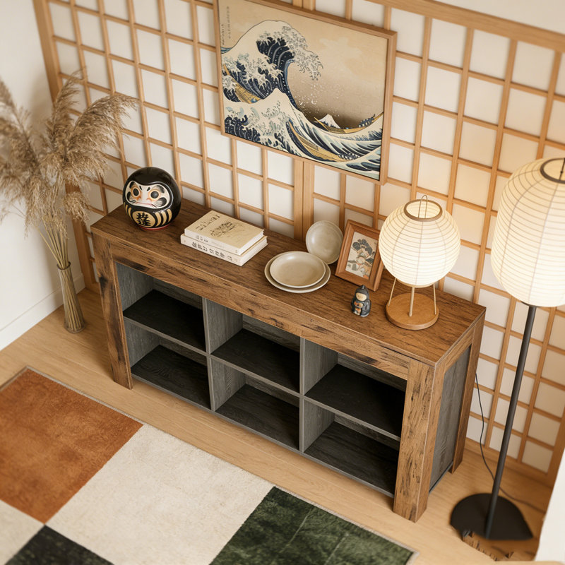 Table de canapé en bois, console de style rustique avec 6 cubes de rangement