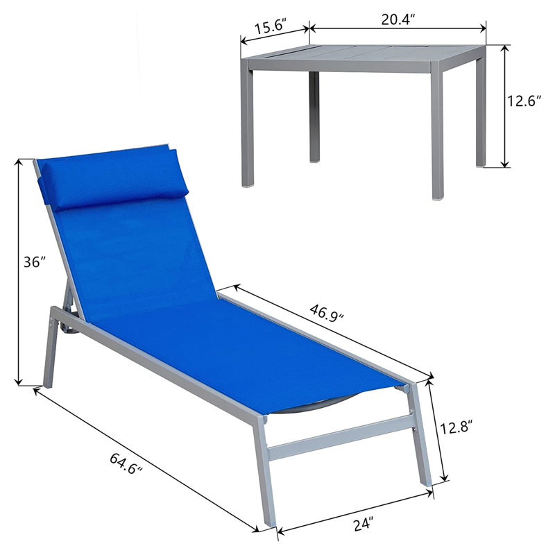 Ensemble 3 pièces de chaises longues d'extérieur avec dossier réglable, chaises de piscine en acier Textilene et table d'appoint (bleu)