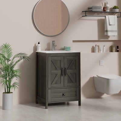 Ensemble de meuble-lavabo avec lavabo en céramique, meuble-lavabo en bois avec espace de rangement caché, ensemble de meuble-lavabo et armoire