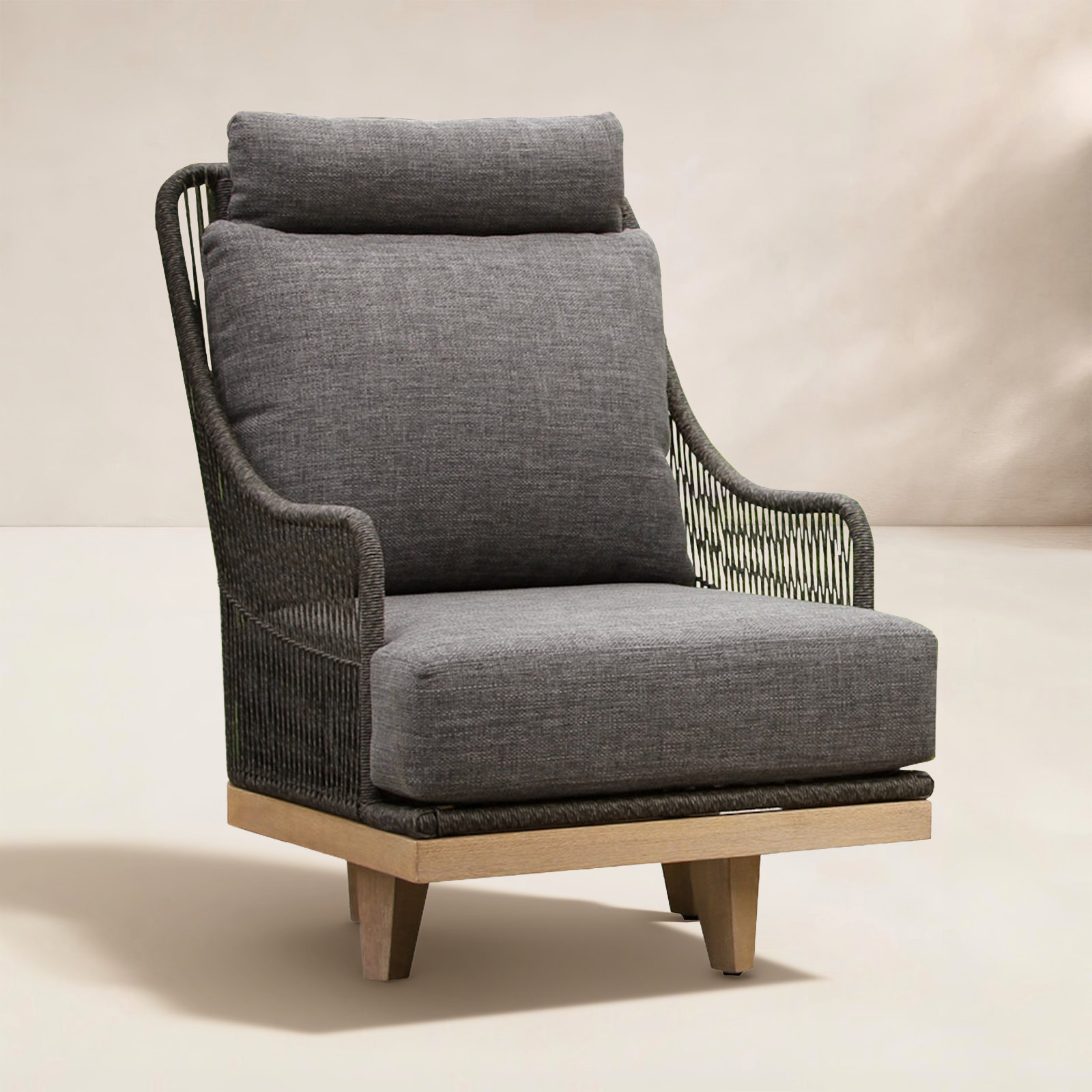 Posey Swivel Chair w Olefin Fabric, Charcoal Cushion / Gray/Natural Wood Frame