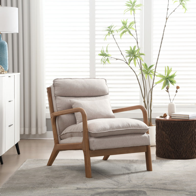 65.5cm Wide Modern Solid Wood Frame Upholstered Armchair with Lumbar Support Pillow, Beige
