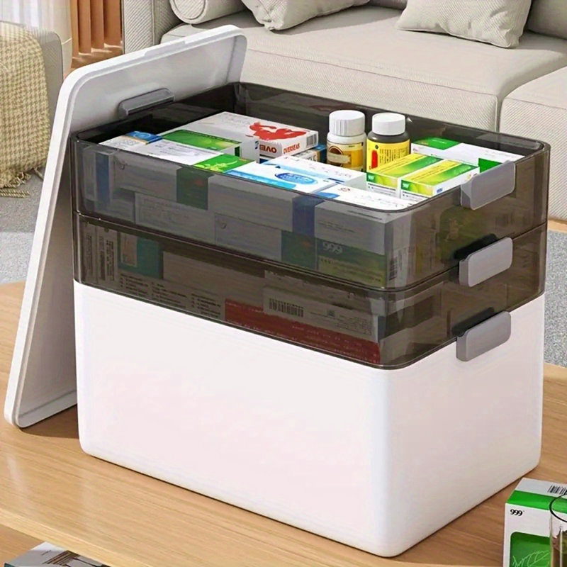 Large Capacity Medicine Storage Box With Easy- Grip Handles - Durable, Multi- Layered Plastic Pill Organizer For Household, Travel & Office Use Space Saving Sundries Storage Solution