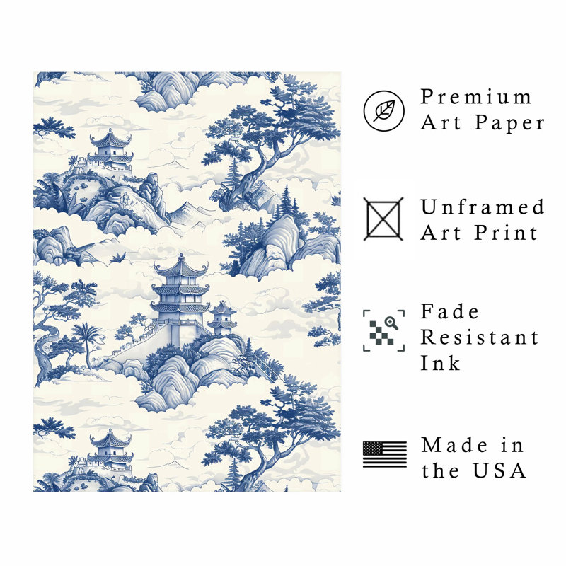 Monde et pays, reproduction de motif asiatique sans cadre, H 10 po x l 8 po