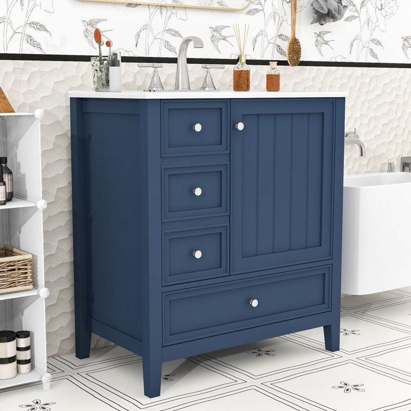 Meuble-lavabo moderne avec lavabo en céramique intégré, armoire à charnières à fermeture en douceur et 3 tiroirs, Bleu