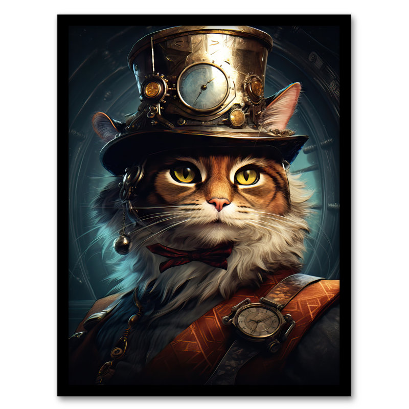 Top Hat Magic Cat Fun Steampunk Cat Explorer Artwork - Single Picture Frame Print