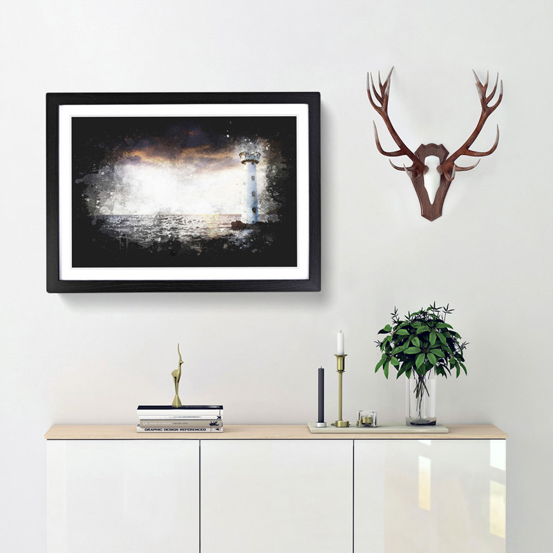 Lighthouse & Seascape Evening Glow Paint Splash - Picture Frame Graphic Art, Black Framed, 62cm H x 87cm W x 2cm D