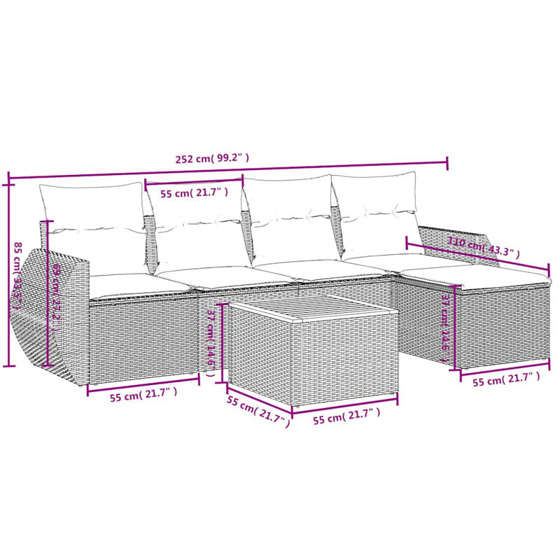  6 Piece Patio Sofa Set With Cushions Grey Poly Rattan