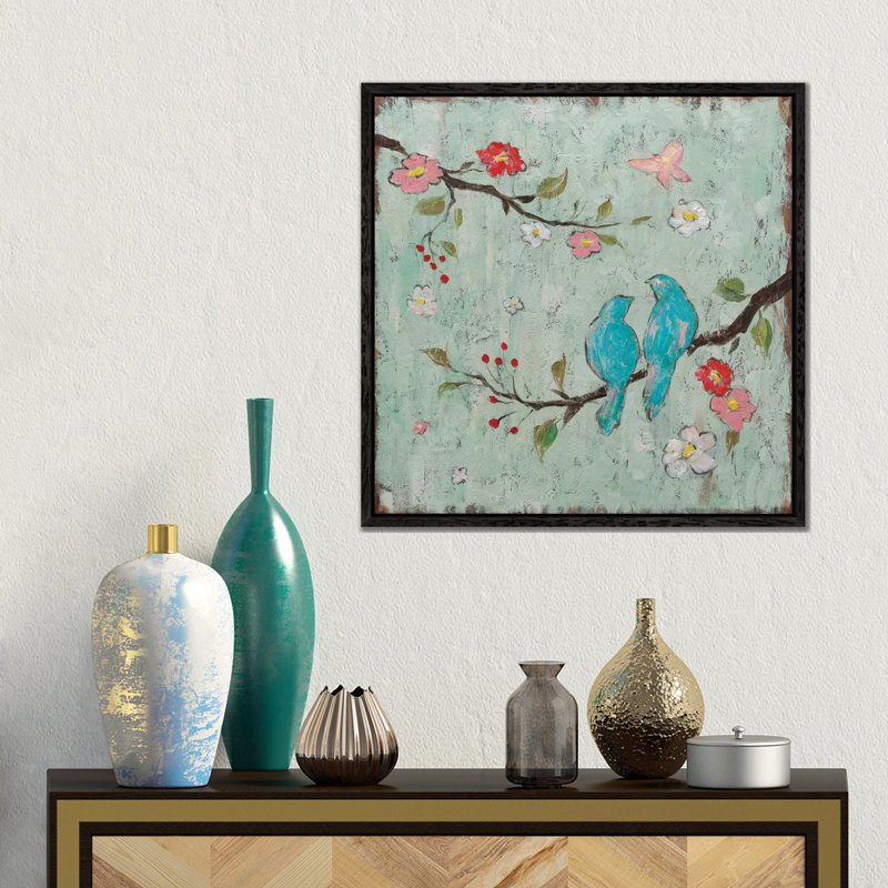 Love Birds I by Katy Frances - Painting on Canvas, 45.72 cm H x 45.72 cm W, Black Floater Framed