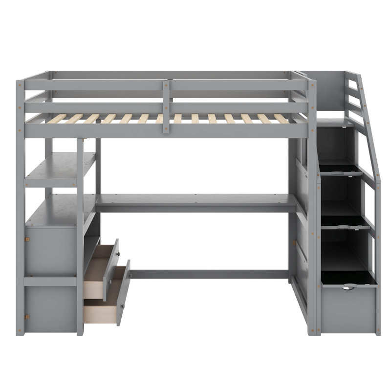 Lit mezzanine double avec bureau et tablettes, deux tiroirs intégrés, escalier de rangement, Gris, Lit simple