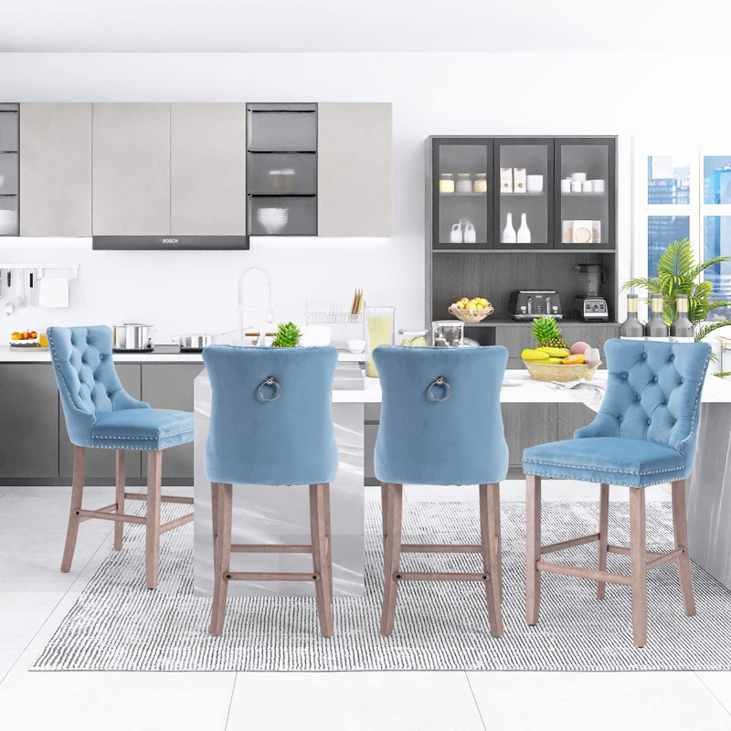 Sky Blue Velvet Upholstered Counter Stools with Wood Legs, Set of 4