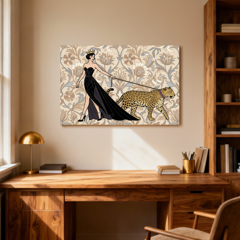Animaux, femme élégante en robe de léopard en laisse, H 20 po x l 30 po
