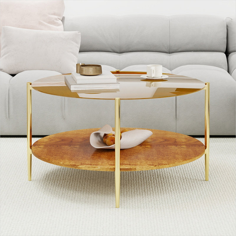Table basse ronde avec plateau en verre trempé et structure en fer doré, rangement double couche, table de salon de 32,28 pouces de diamètre