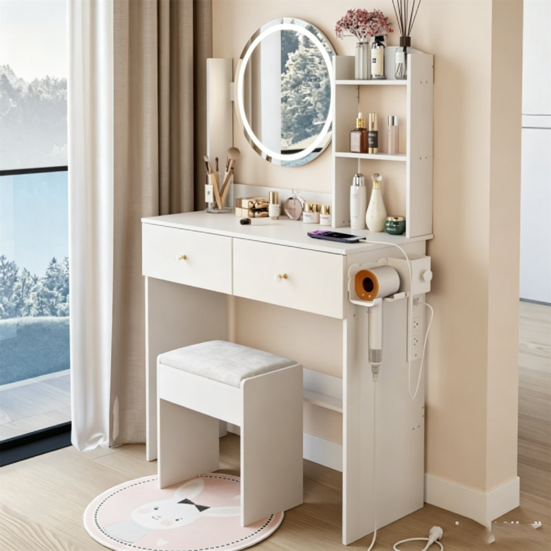 Ensemble de coiffeuse ronde à DEL avec tabouret rembourré, miroir à intensité variable 3 couleurs tactile, 2 prises CA et 2 prises USB intégrées, grand plateau de table et rangement multicouche