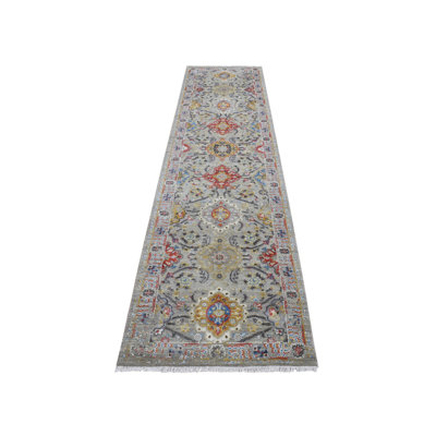 2'6"x10' Gray THE SUNSET ROSETTES Silk and Wool Hand Knotted Runner Rug 59F3E911023B4D3F8DA1D1340ED31F3C
