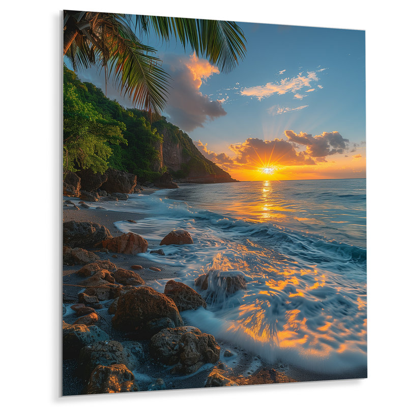 Photo panoramique de la plage rocheuse au lever du soleil III - Décoration murale plage, H 32 po x l 24 po x P 1 po