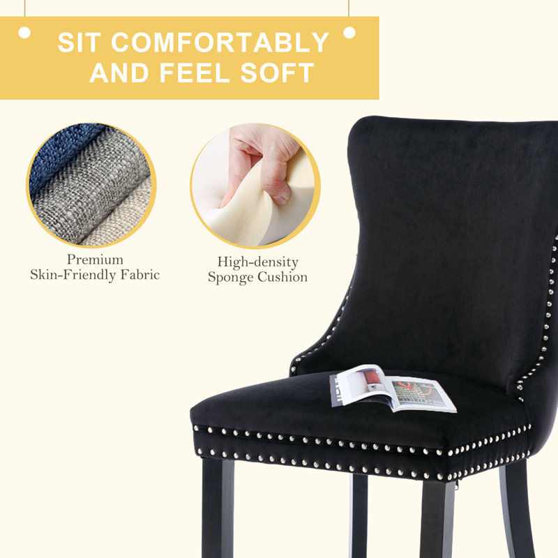 Black Velvet Upholstered Dining Chairs with Nailhead Trim, Set of 6