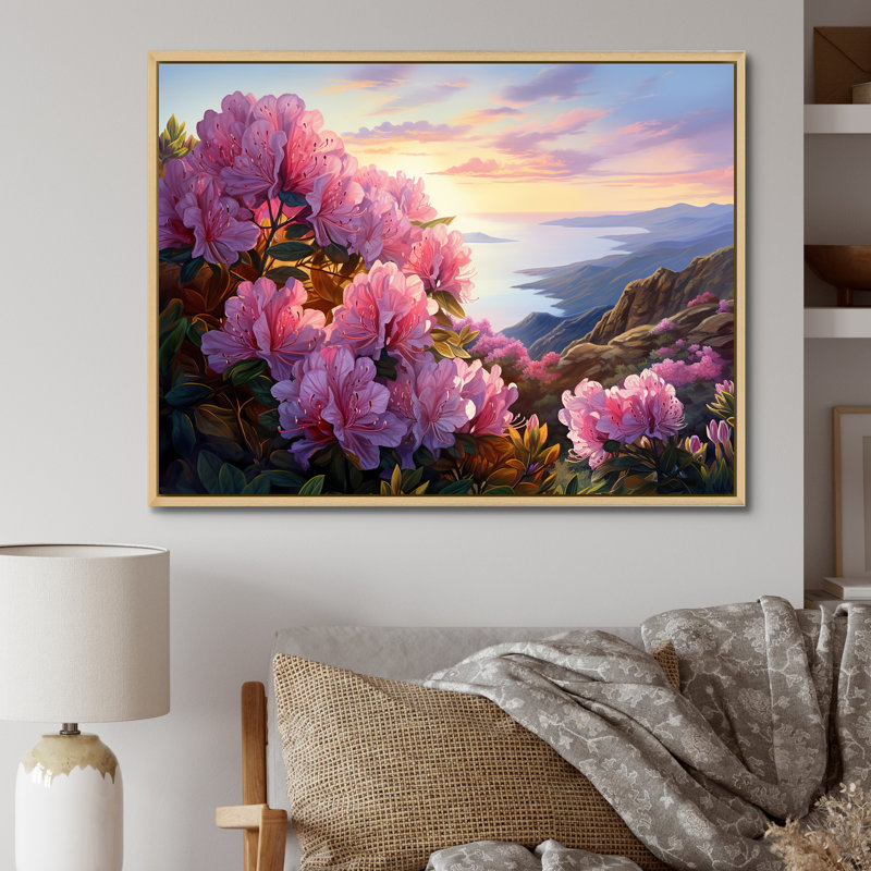 " Rhododendron Mountain Top Sunset ", 12" H x 20" W x 1" D, Natural Floater Framed