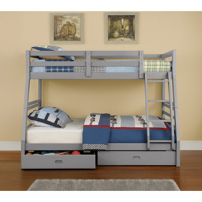 Lit superposé simple au dessus d'un lit double en bois massif avec rangement, gris