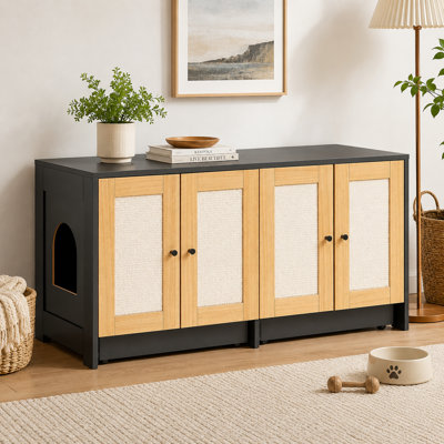 120.6×50.3×60.8cm MDF Double-Door Litter Box Cabinet with Pull-out Tray and Scratching Board, Black + Yellow