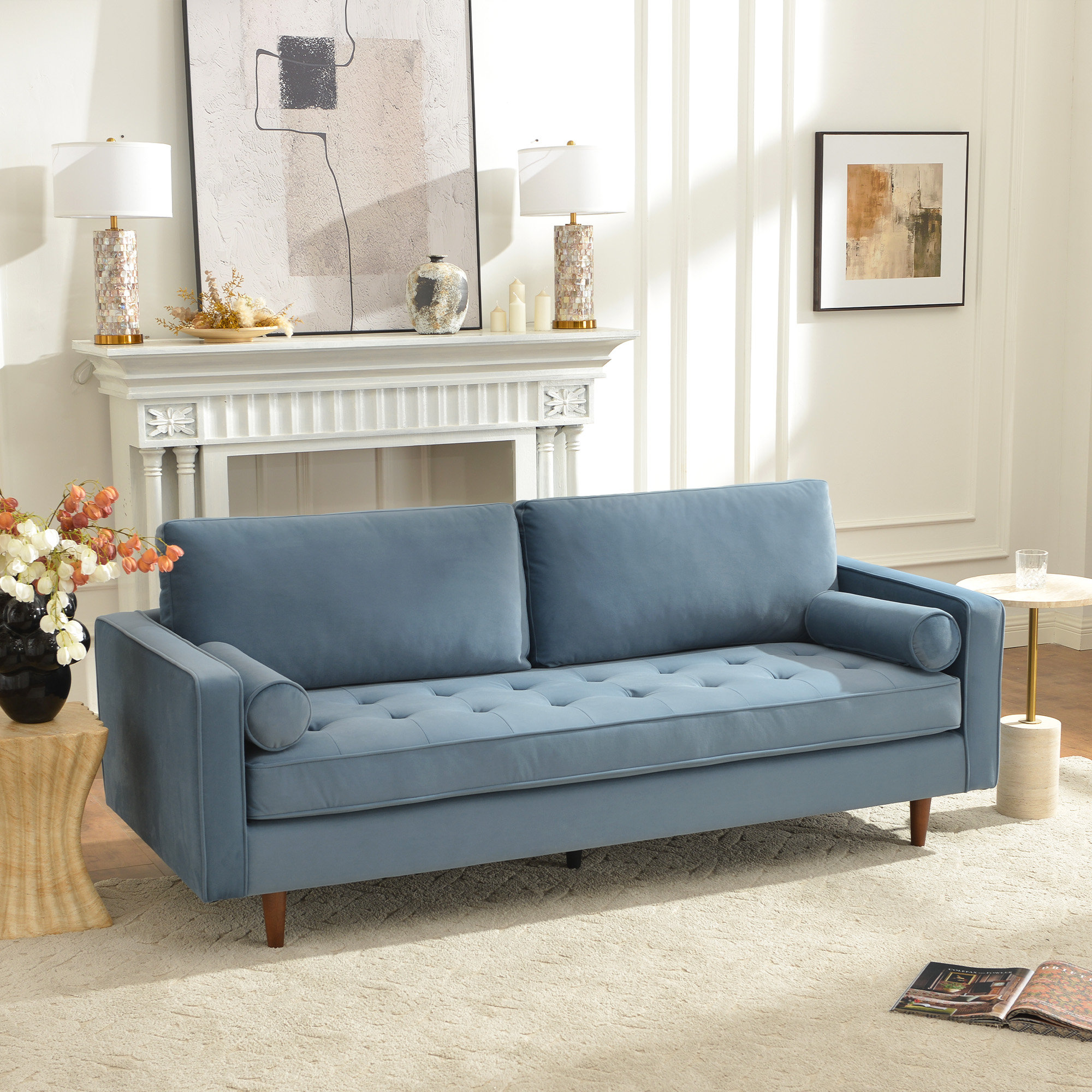 Geo 84" Upholstered Sofa, Blue Velvet