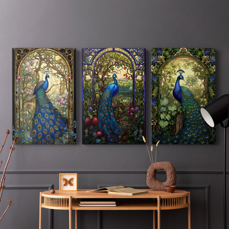 Série Peacock L - Ensemble de toiles tendues avec châssis - Prêt à accrocher, H 12 po x l 8 po x P 1,15 po