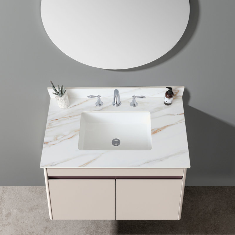 37 Inch Marble Vanity Top, Bathroom Vanity Top With Undermount Rectangular Middle Sink And 4" Height Backsplash, Pre-Drilled  Faucet Hole  Vanity Top, Carrara White With Veins