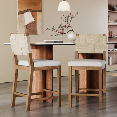 Raya 24.25'' Seat Height Bohemian Solid Rubberwood Upholstered Bar Stools With Handwoven Rattan Backrest