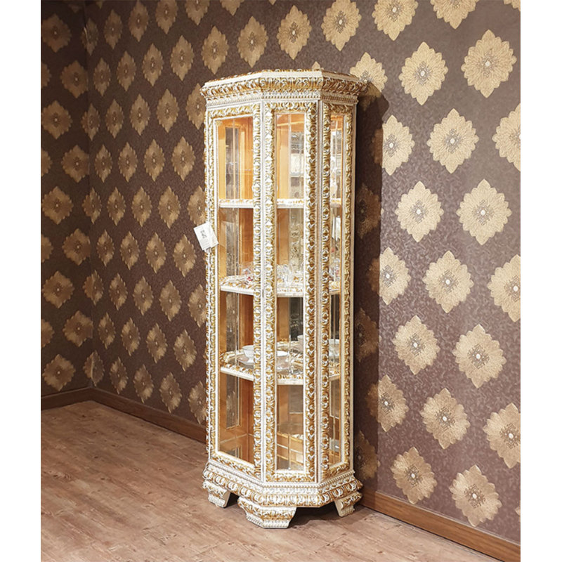 Solid Wood Lighted Curio Cabinet, Ivory/Gold