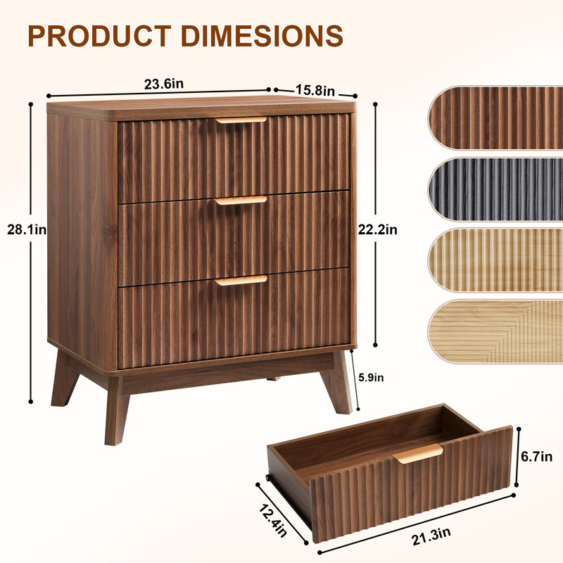 Rhythm Walnut Night Stand Set of 2 with 3 Drawers, Fluted Bedside Table Set of 2, Wood Bedroom Nightstand, 23.6"W x 15.8"D x 28.3"H