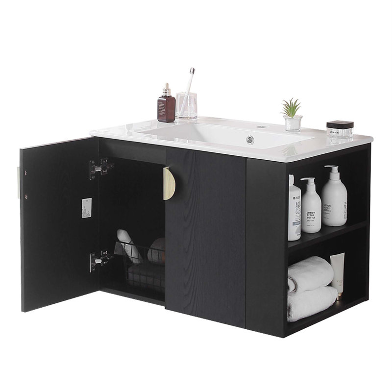 Ensemble de meuble-lavabo 30 po avec lavabo, avec deux portes et meuble-lavabo avec tablette de rangement ouverte à droite, bois massif, sans les robinets