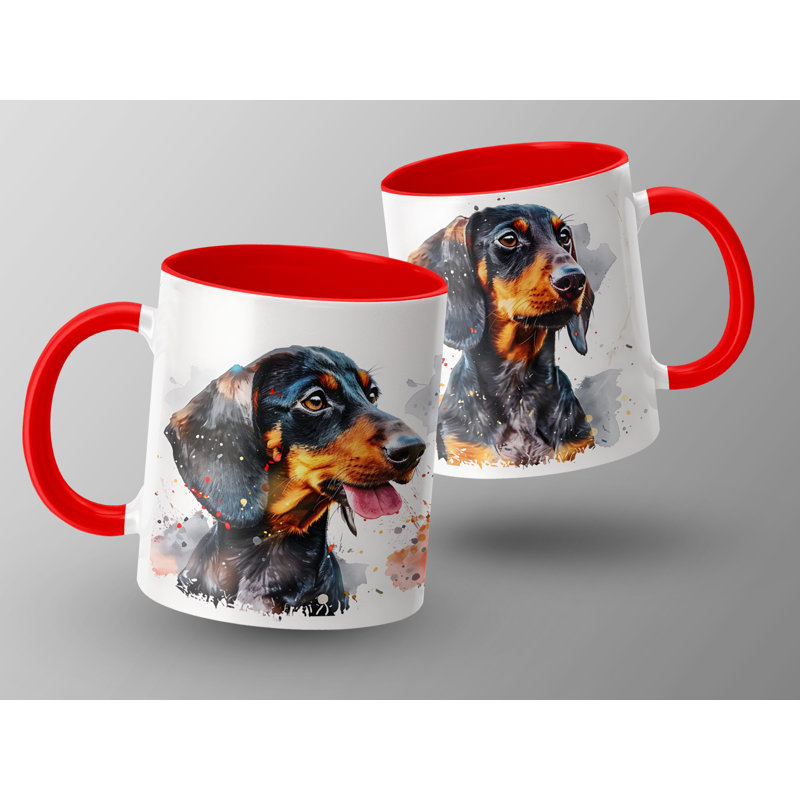 11oz Watercolour Dachshund Design Coffee Mug, 2, Red