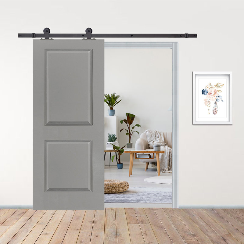 36 In. X 80 In. Light Grey Painted Finished Composite MDF 2 Panel Interior Sliding Barn Door With Hardware Kit, Dark