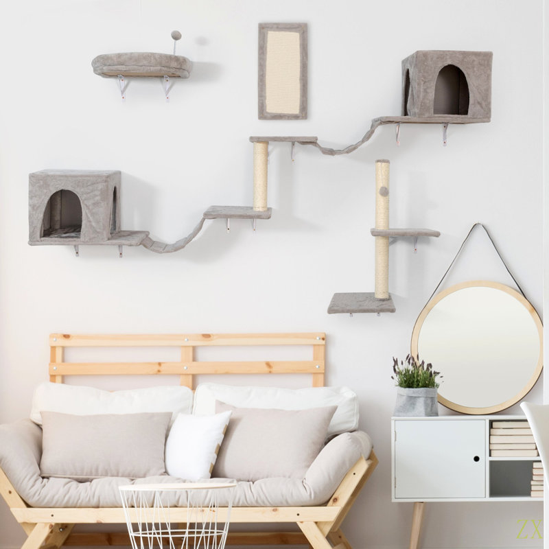 Arbre à chat mural, meuble pour chat avec 2 maisonnettes pour chat, 3 tablettes murales pour chat, 2 échelles, 1 perchoir pour chat, poteaux à griffer et coussin en sisal