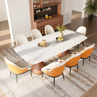 6/8/10 Seats Rectangular Dining Room Set, Stone Rectangular Dining Table, Double Solid Wood Pedestal With Upholstered PU Leather Chairs