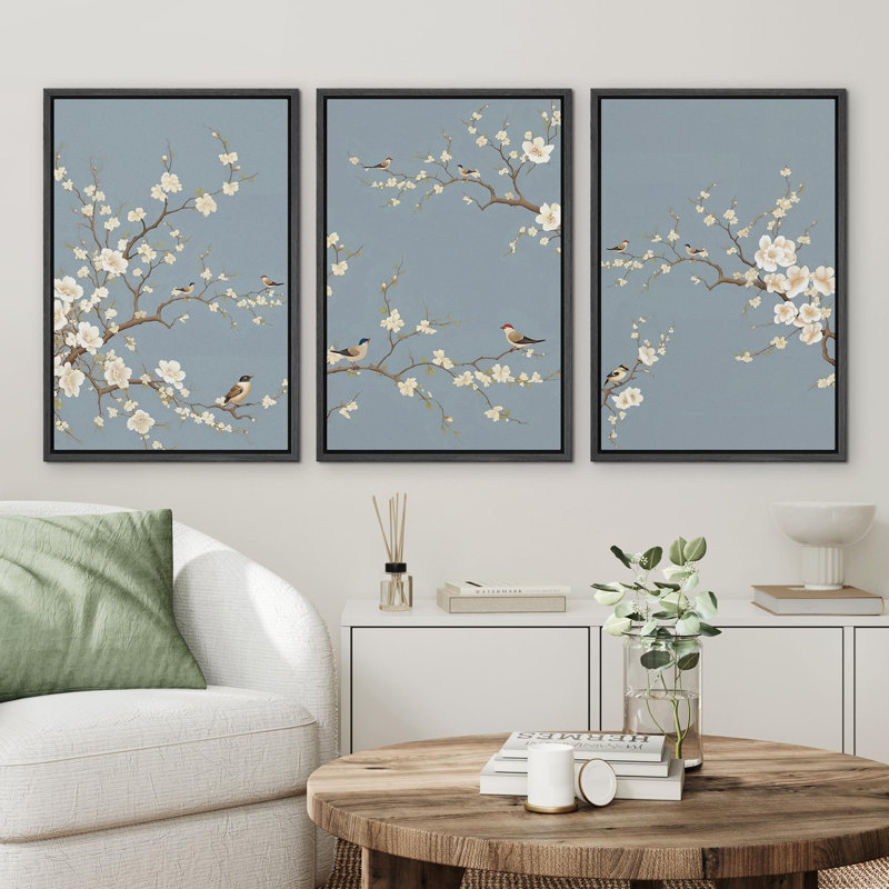 Fleurs de cerisier japonais minimes, H 24 po x l 48 po, Cadre flottant noir