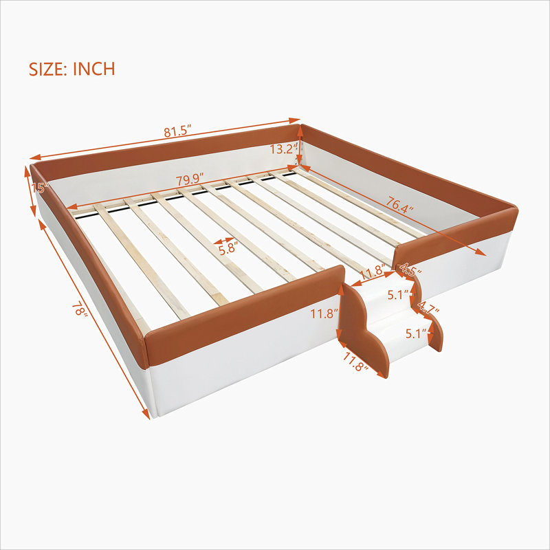 King Size Upholstered  Daybed Frame with Fence and Stairs,(BROWN+WHITE)