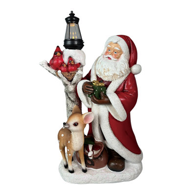 Resin Light Up Santa Figurine with Cardinal and Deer - Decorative Christmas Tabletop Object, Battery Operated, Indoor Holiday Decoration, Perfect for Gift Giving and Hostess Gifts, Red Color