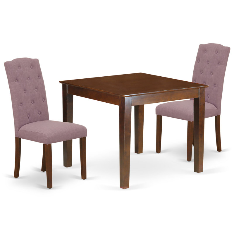 3 Piece Kitchen Table Set for Small Spaces Contains a Square Dining Room Table and 2 Dahlia Linen Fabric Upholstered Chairs, Mahogany