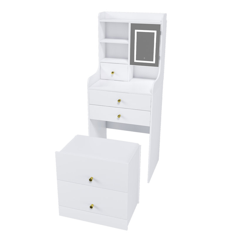 31 coiffeuses avec miroir à DEL, tabouret de rangement rembourré et 4 compartiments - bois blanc pour la chambre à coucher et le maquillage 3 températures de couleur personnalisables