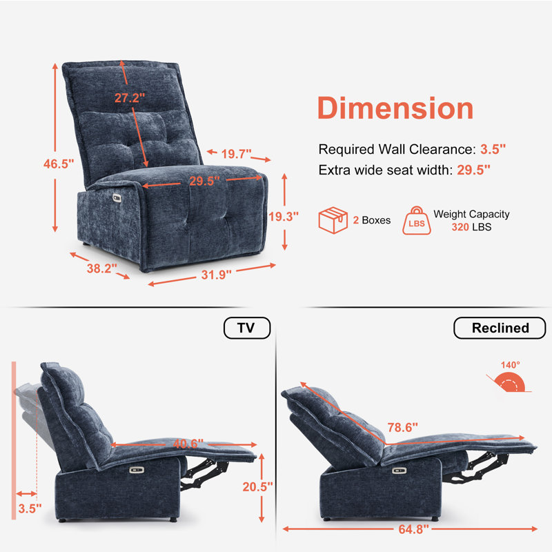 3.5" Wall Clearance Armless Power Recliner Chair with USB Ports, Navy Polyester