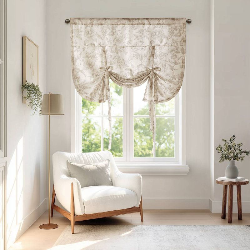 Lana Neutral Botanical Print Light Filtering Textured Blend Single 42x63" Tie-Up Valance, Neutral